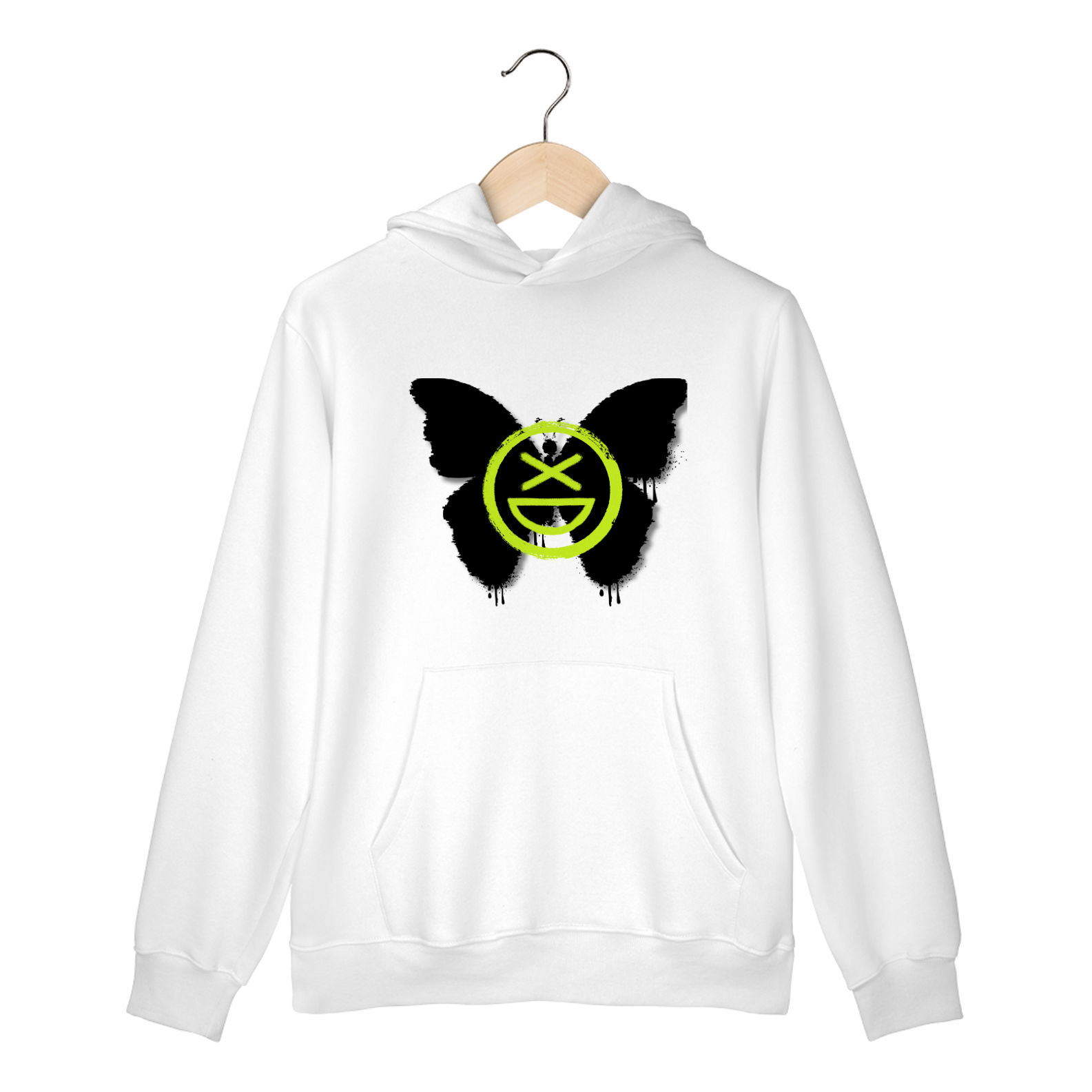 Moletom Canguru Xisde com Borboleta e Logo Verde Neon - Streetwear Autêntico