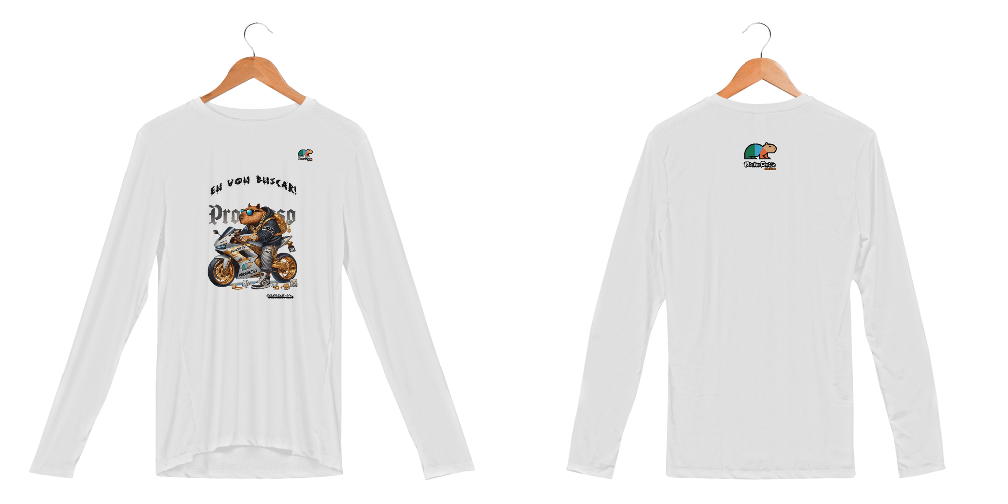 Camiseta Manga Longa Sport Dry UV, Eu vou buscar, De foguetão prateado, Bicho Doido