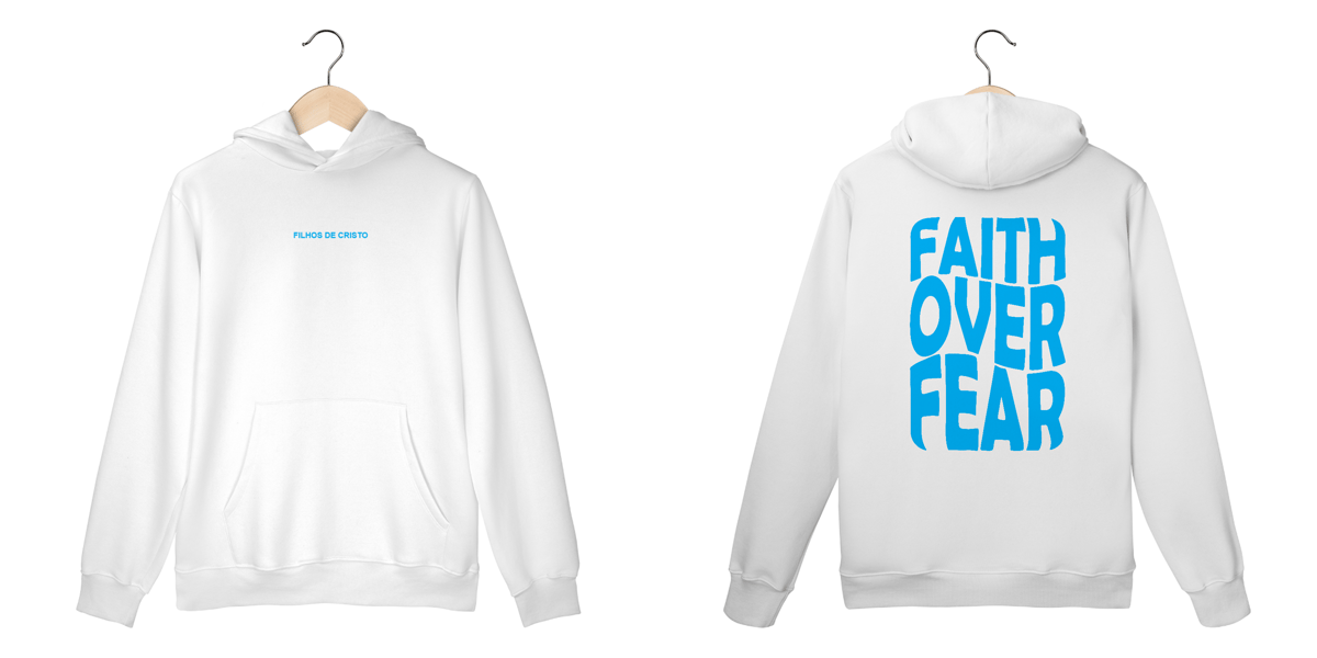 Nome do produto: Moletom Canguru Faith Over Fear Branco Com Azul