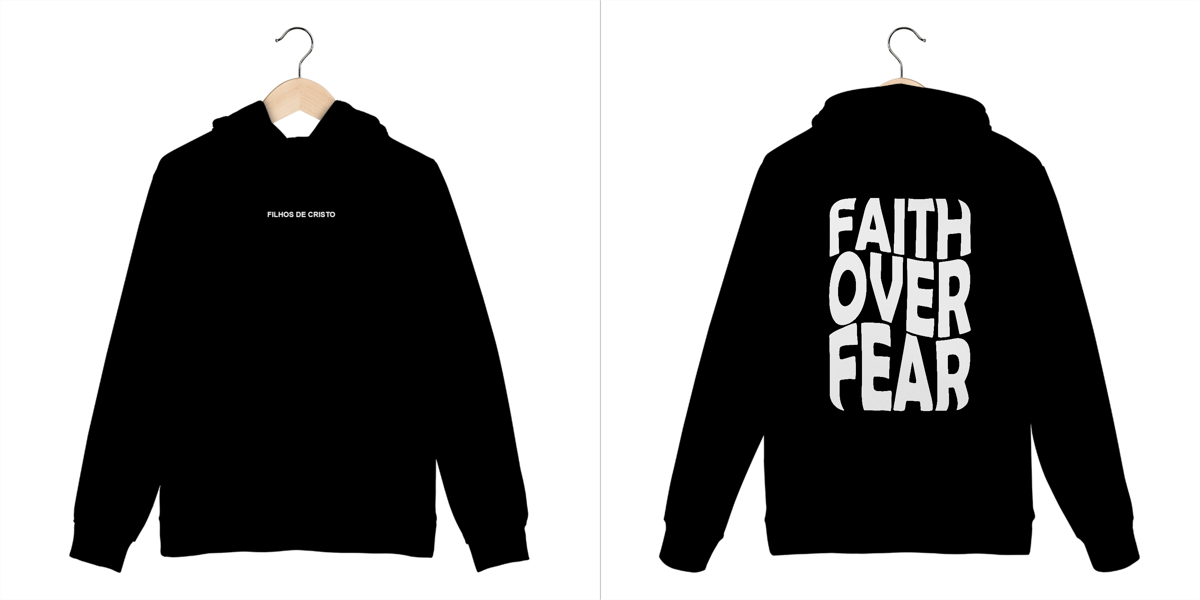 Nome do produto: Moletom Canguru Faith Over Fear Preto Com Branco