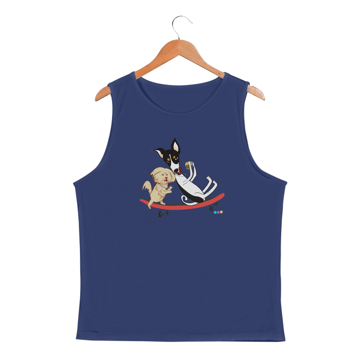 Nome do produto: Regata masc esportiva Café e Chico - cachorros no skate - sport dry UV 