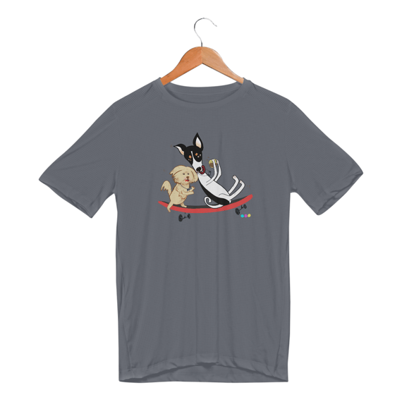 Camiseta esportiva Café e Chico - cachorros no skate 