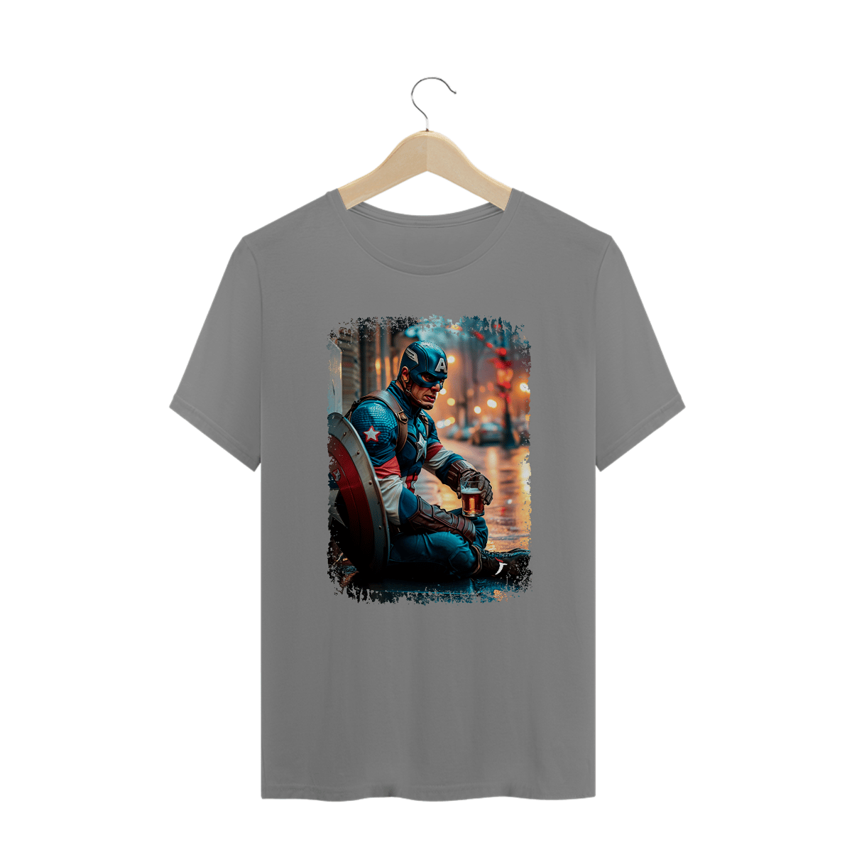 Nome do produto: Camiseta Plus Size Capitão América Bebendo Cerveja - Modelo 1