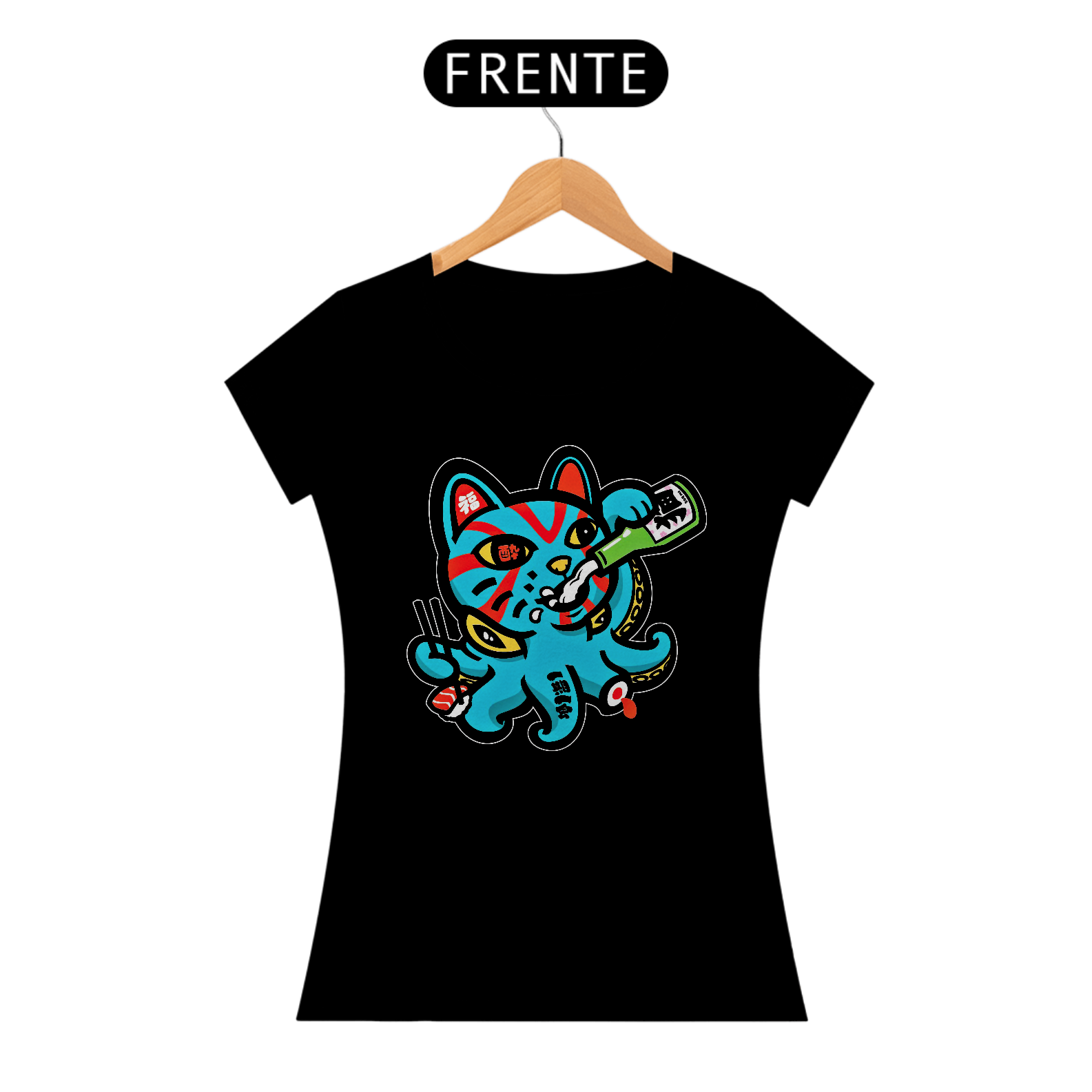 Camiseta Feminina Saquê Neko-Tako Estampa Japonesa 