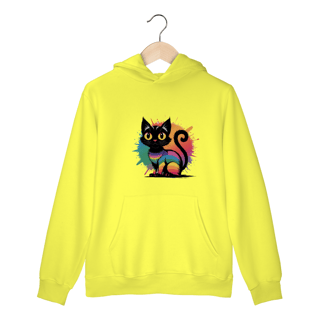 Nome do produto Moletom Canguru com Bolso e Capuz Estampa Gato Preto Arco-Iris
