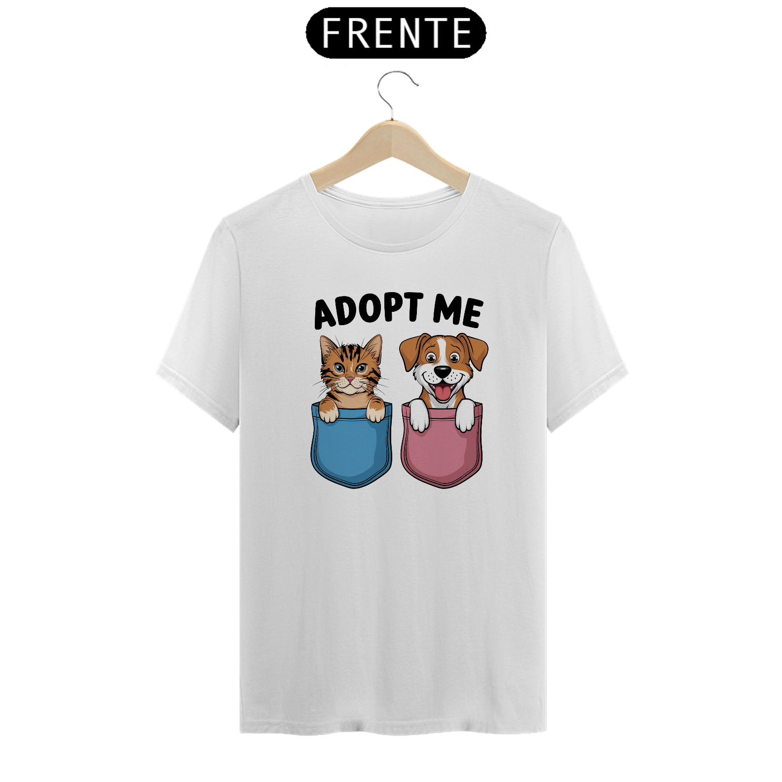 T-Shirt Classic Estampa Cao e Gato com Frase Adote Me