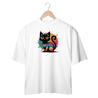 Nome do produto Camiseta Oversized Estampa Gato Preto Arco-íris 