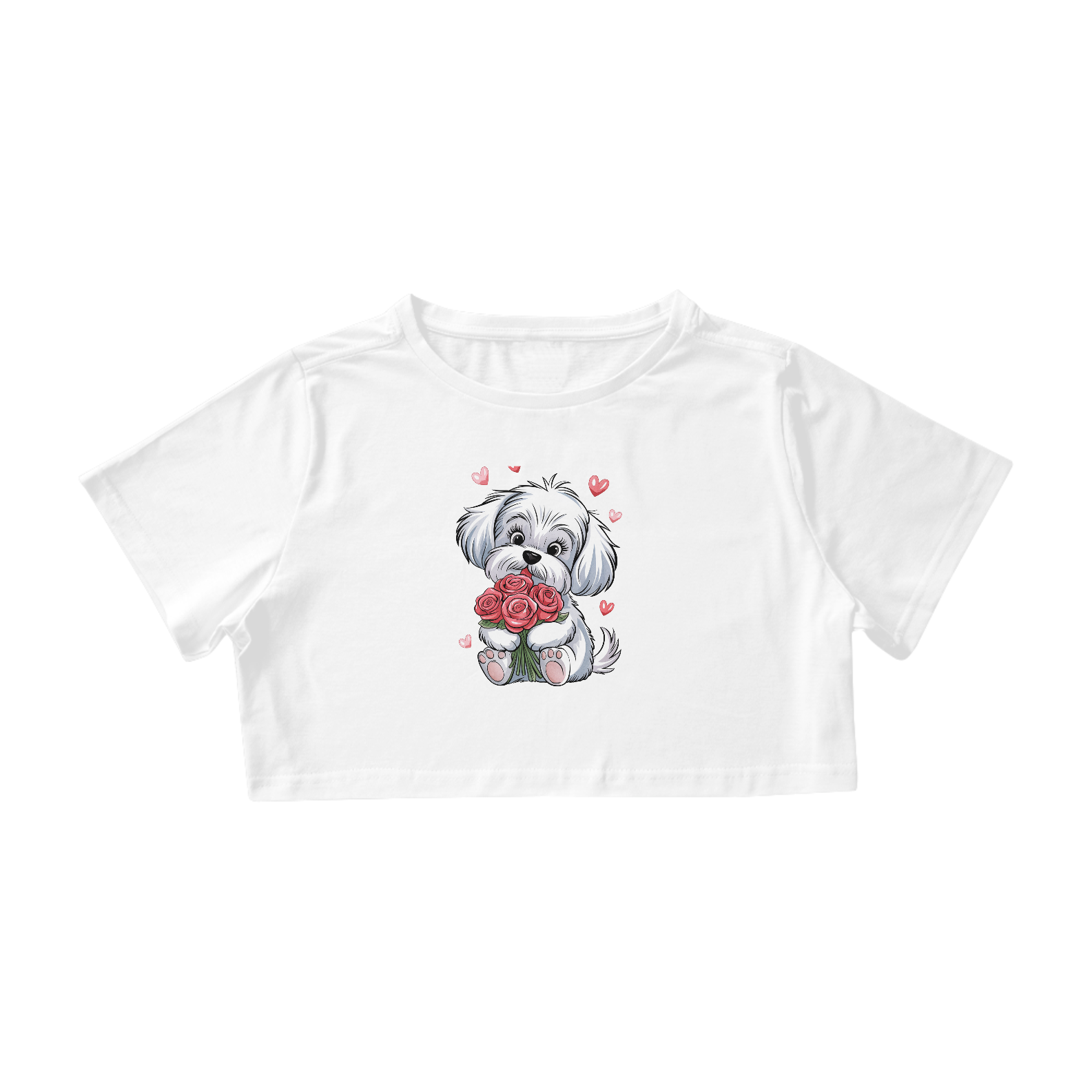 Camisa Cropped Estampa cão branco maltês 