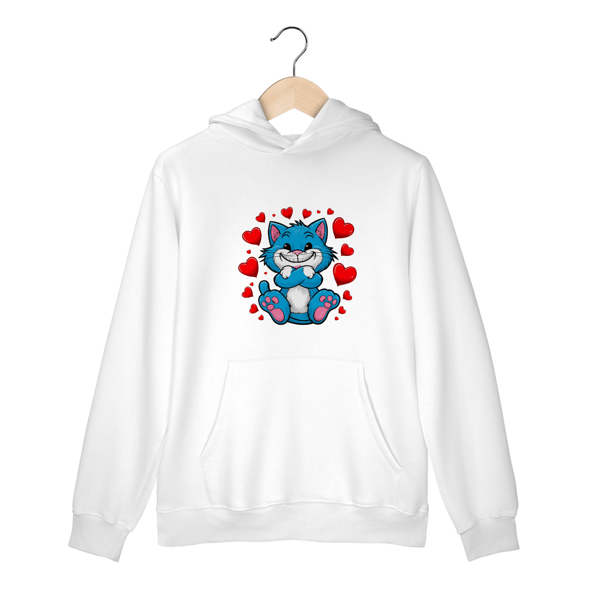 Nome do produto: Moletom Canguru com Bolso e Capuz Estampa adorável Gato Azul corações