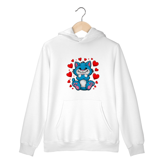 Moletom Canguru com Bolso e Capuz Estampa adorável Gato Azul corações