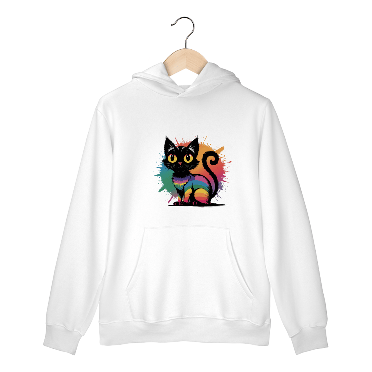 Nome do produto: Moletom Canguru com Bolso e Capuz Estampa Gato Preto Arco-Iris