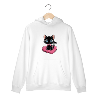 Nome do produto Moletom Canguru com Bolso e Capuz Estampa Gato Preto Almofada Coração 