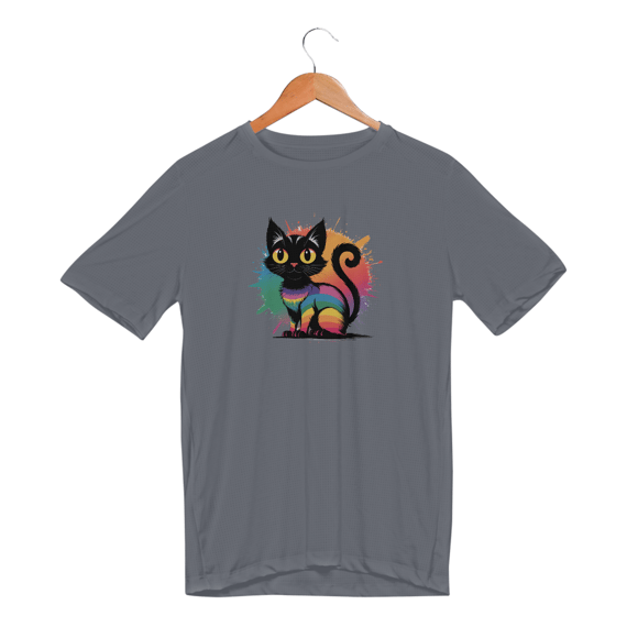 Camiseta Sport Dry UV Gato preto Arco-íris