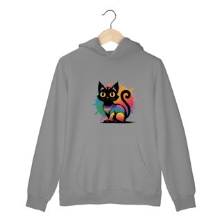 Nome do produto Moletom Canguru com Bolso e Capuz Estampa Gato Preto Arco-Iris