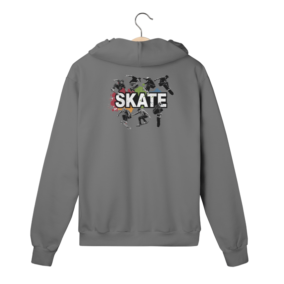 Moletom com Ziper, Bolso e Capuz Estampa Skate Manobras
