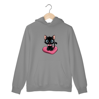 Nome do produto Moletom Canguru com Bolso e Capuz Estampa Gato Preto Almofada Coração 