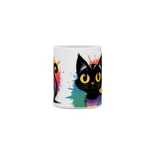 Nome do produto Caneca Cerâmica Branca Estampa Gato Preto Arco-íris 
