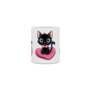Nome do produto Caneca Cerâmica Branca Estampa Gato Preto Almofada Coração 