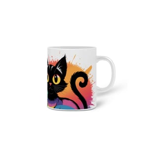 Nome do produto Caneca Cerâmica Branca Estampa Gato Preto Arco-íris 
