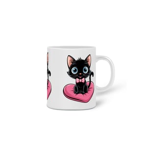 Nome do produto Caneca Cerâmica Branca Estampa Gato Preto Almofada Coração 