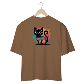 Nome do produto Camiseta Oversized Estampa Gato Preto Arco-íris 
