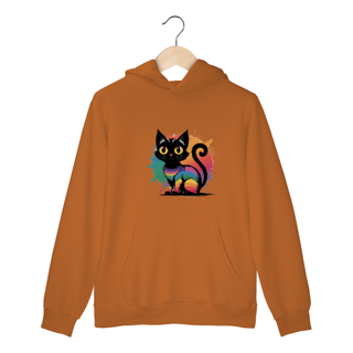 Nome do produto Moletom Canguru com Bolso e Capuz Estampa Gato Preto Arco-Iris