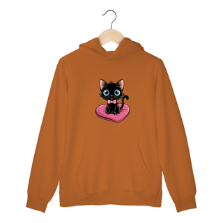 Nome do produto Moletom Canguru com Bolso e Capuz Estampa Gato Preto Almofada Coração 