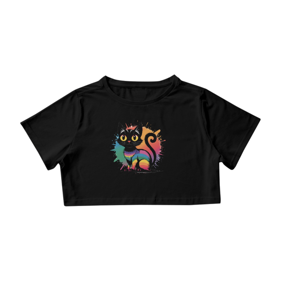 Camisa Cropped Estampa Gato Preto Arco-íris 