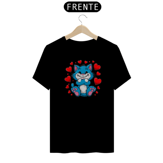 T-Shirt Quality Estampa  adorável  Gato Azul  corações 