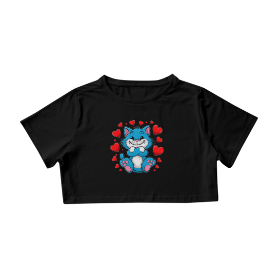 Camisa Cropped Estampa adorável Gato Azul corações