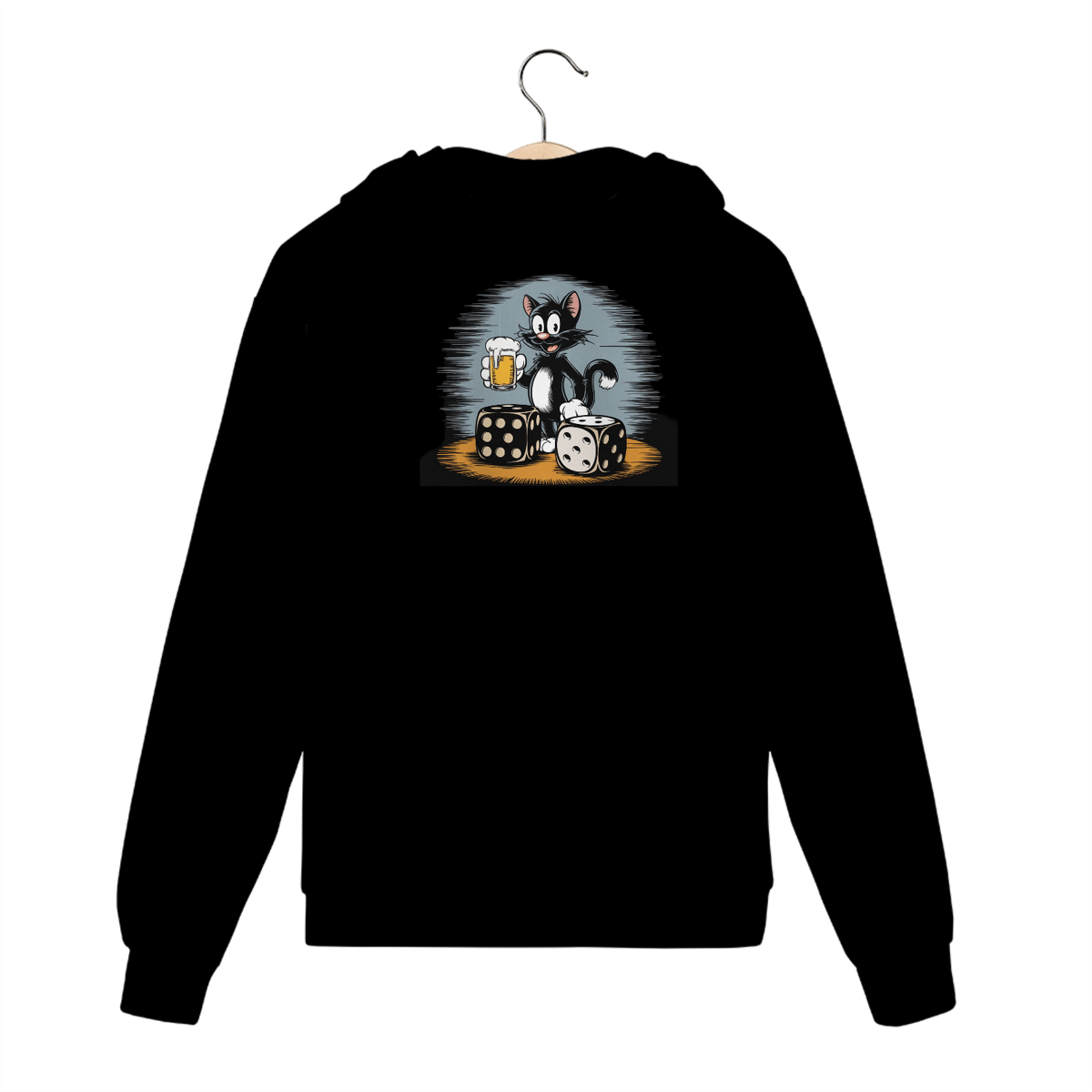 Nome do produto: Moletom com Ziper, Bolso e Capuz Estampa Gato Preto Dados  Beer
