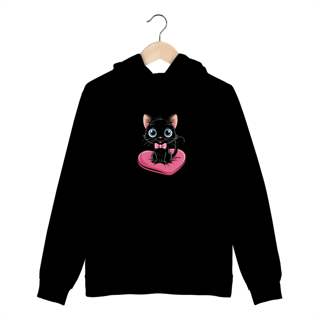 Nome do produto Moletom Canguru com Bolso e Capuz Estampa Gato Preto Almofada Coração 