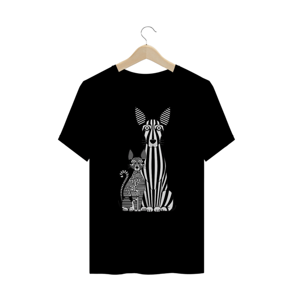 T-Shirt Plus Size Estampa Gato Cachorro Linhas