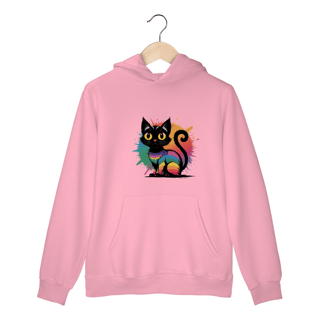 Nome do produto Moletom Canguru com Bolso e Capuz Estampa Gato Preto Arco-Iris