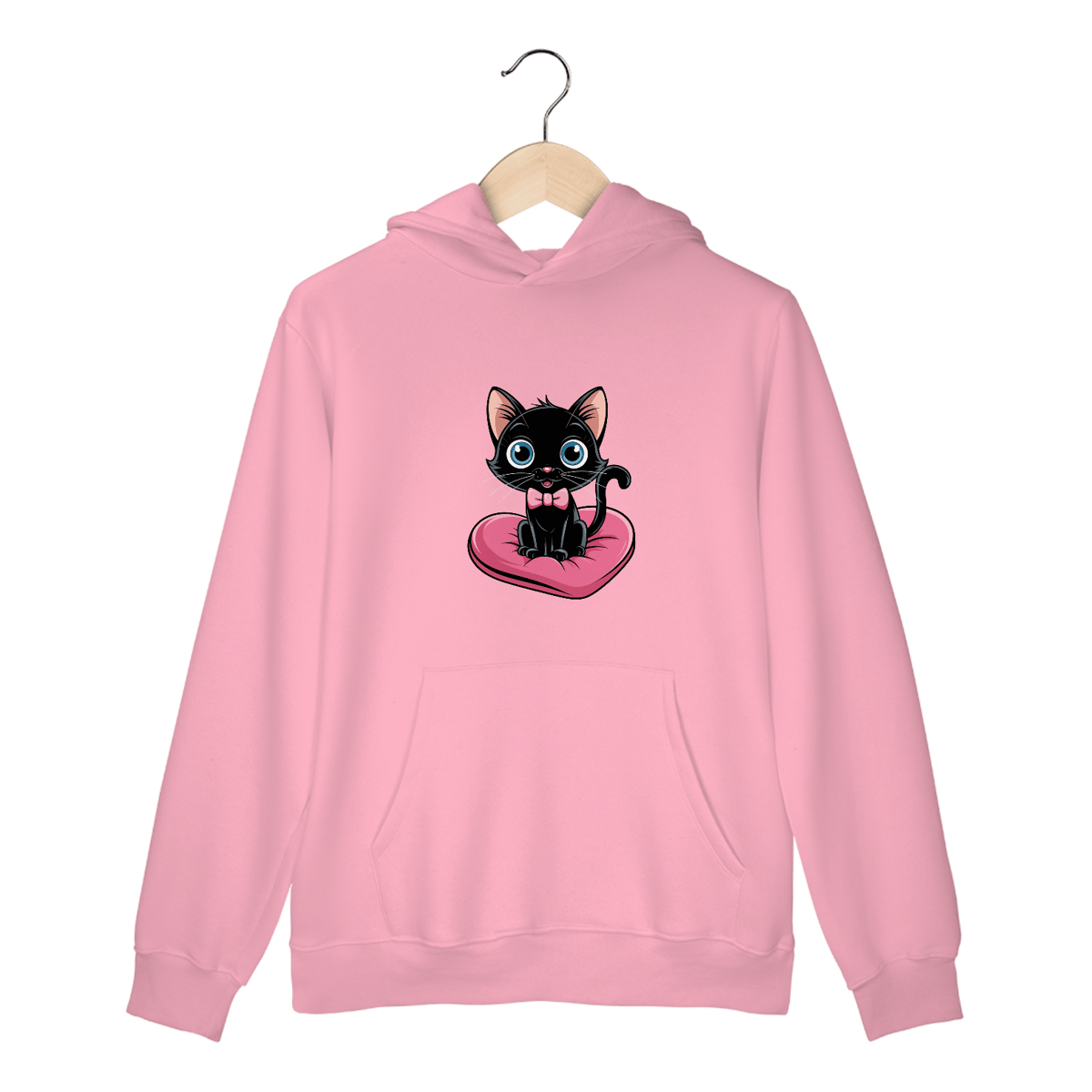 Nome do produto: Moletom Canguru com Bolso e Capuz Estampa Gato Preto Almofada Coração 