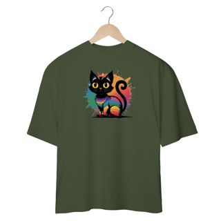 Nome do produto Camiseta Oversized Estampa Gato Preto Arco-íris 