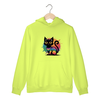 Nome do produto Moletom Canguru com Bolso e Capuz Estampa Gato Preto Arco-Iris