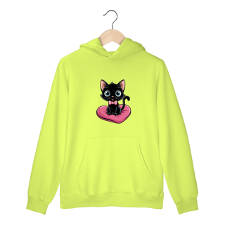Nome do produto Moletom Canguru com Bolso e Capuz Estampa Gato Preto Almofada Coração 