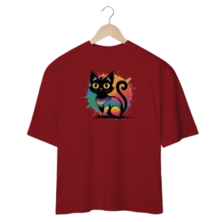 Nome do produto Camiseta Oversized Estampa Gato Preto Arco-íris 