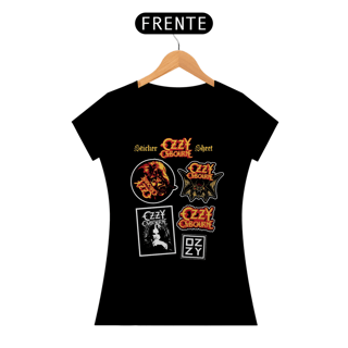 Camiseta Feminina Ozzy Osbourn Stickers sheet Estampa Rock