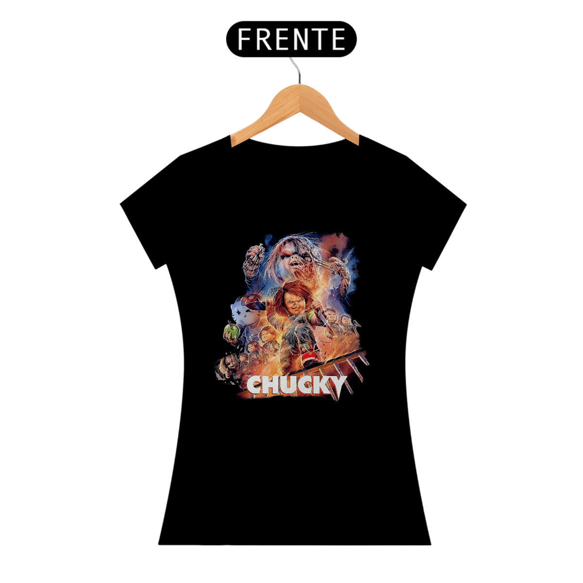Nome do produto: Camiseta Feminina Chucky Estampa Terror