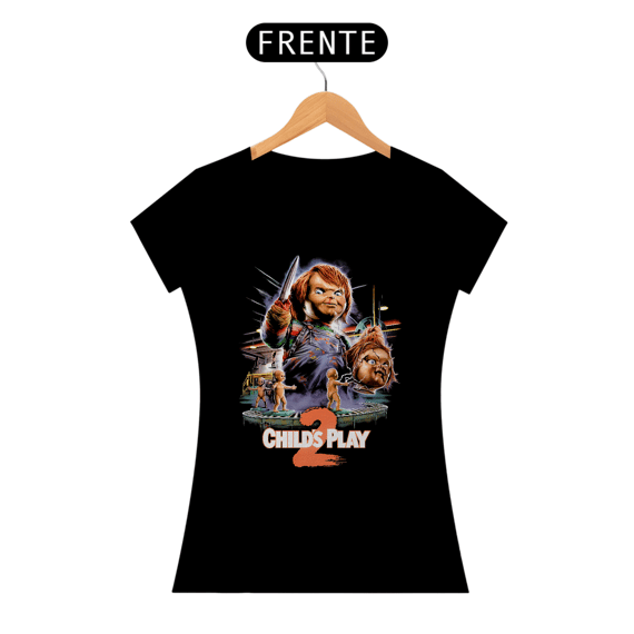 Camiseta Feminina Chucky - Child`s Play (Brinquedo Assassino 2 - 1990 - preta) Estampa Terror