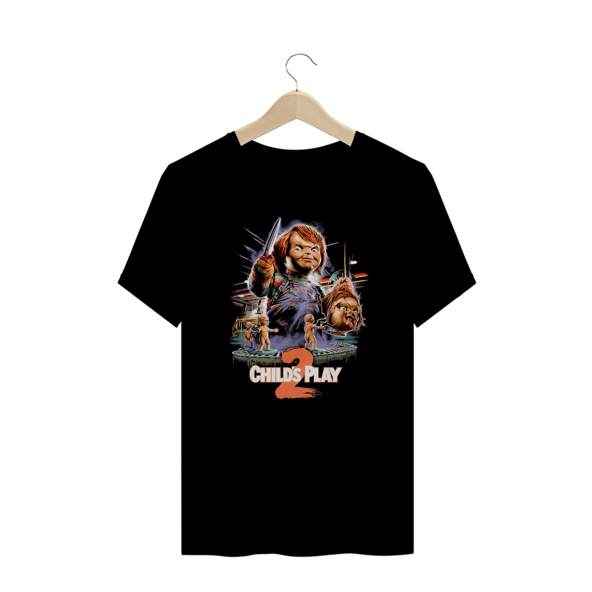 Nome do produto: Camiseta Plus Size Chucky - Child`s Play (Brinquedo Assassino 2 - 1990 - preta) Estampa Terror