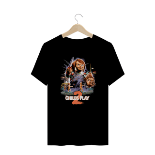 Camiseta Plus Size Chucky - Child`s Play (Brinquedo Assassino 2 - 1990 - preta) Estampa Terror
