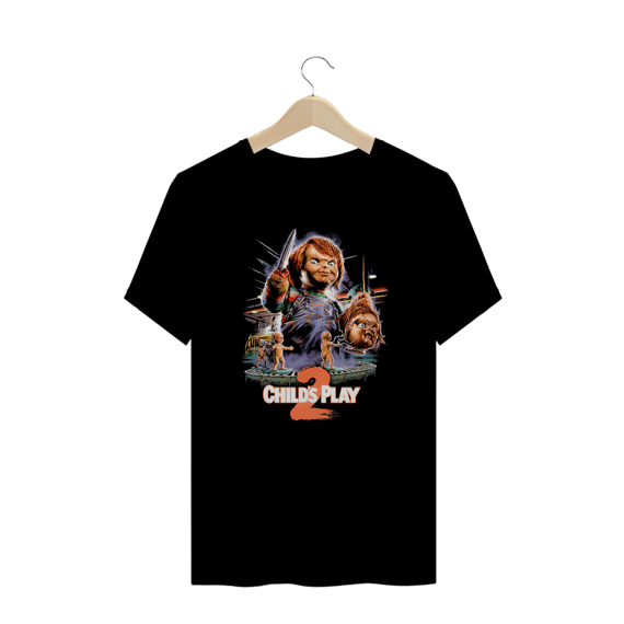 Camiseta Plus Size Chucky - Child`s Play (Brinquedo Assassino 2 - 1990 - preta) Estampa Terror