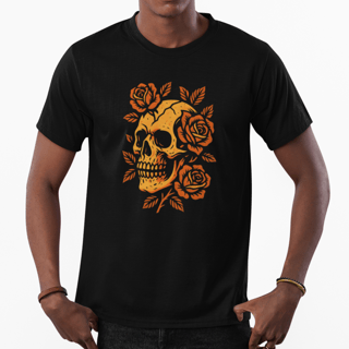 Camiseta Caveira e Rosas Estampa Unissex Preta Algodão