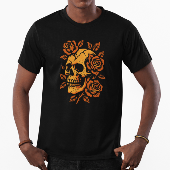 Camiseta Caveira e Rosas Estampa Unissex Preta Algodão