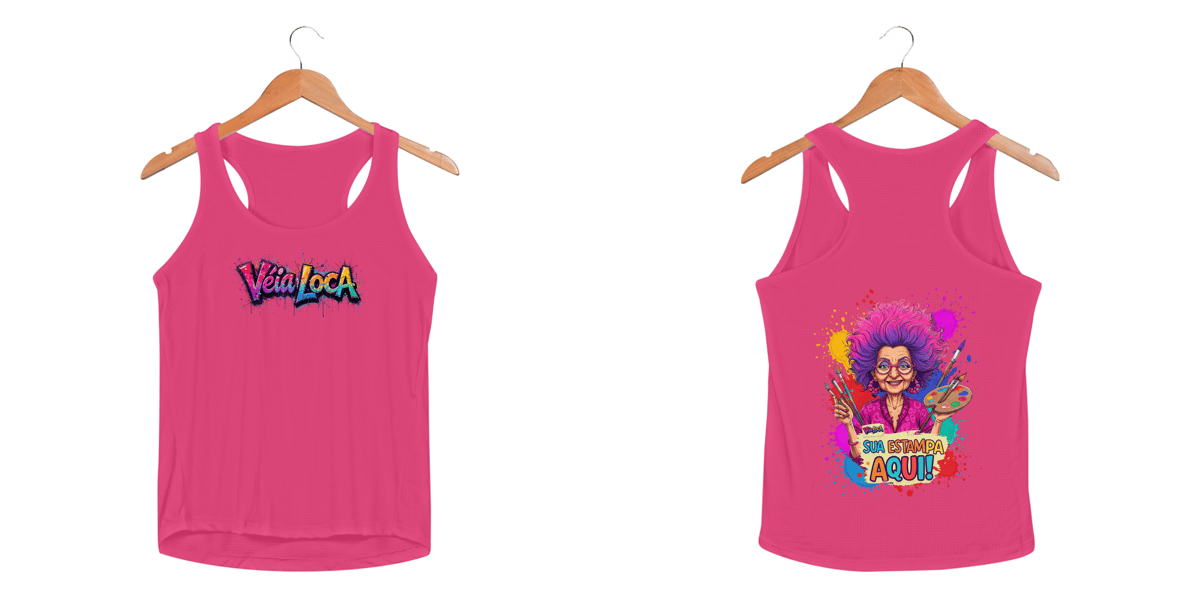 Nome do produto: [PERSONALIZÁVEL] Modelo de Camiseta Regata Feminina SPORT DRY FIT UV Personalizada - Estampa na Frente E nas Costas