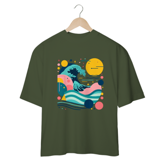 Nome do produto Camiseta com design gráfico de círculos e linhas, estilo Mar e Sol