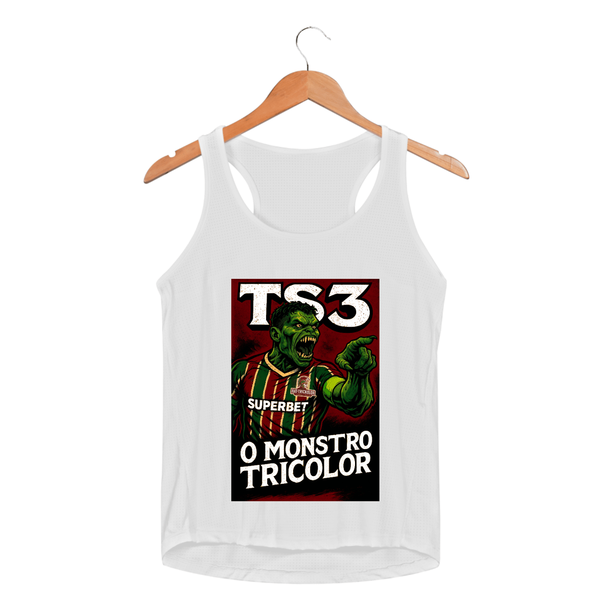 Nome do produto: Regata Dry Fit Feminina TS3 O Monstro Hat-Trickolor | Fluminense